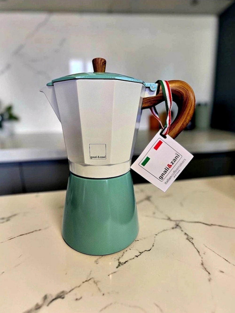 NEW Gnali & Zan Large Coffee Maker Pot Green/White  Aluminum 12-Cups of Espresso